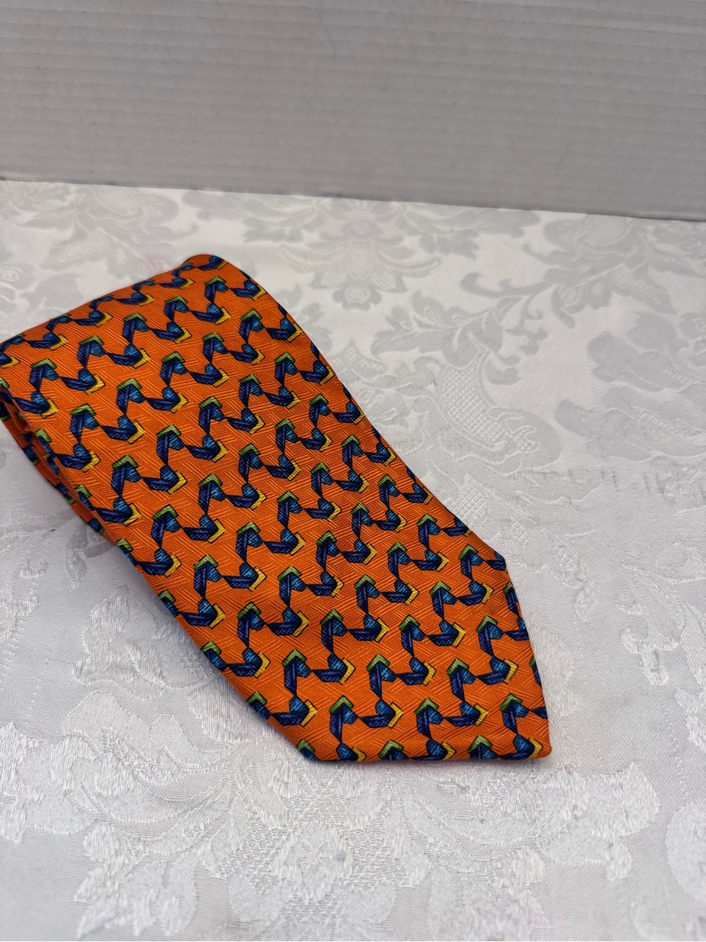 Robert T Talbott Silk Tie Orange Blue Geometric USA Old Money Dapper Wedding